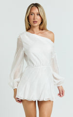 Hayes Mini Dress - Off Shoulder Bellow Top Flip Skirt Dress in White
