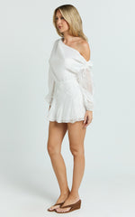 Hayes Mini Dress - Off Shoulder Bellow Top Flip Skirt Dress in White