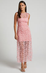 Hazel Midi Dress - 3D Flower Net Bodycon Dress in Pink