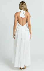 Heidi Maxi Dress - Deep V Plunge Halter Neck Brooch Detail Split Skirt Dress in White