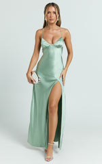Heidi Maxi Dress - Satin Ruched Bust Tie Back Dress in Sage