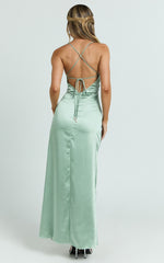 Heidi Maxi Dress - Satin Ruched Bust Tie Back Dress in Sage