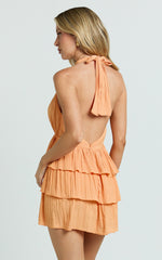 Heidi Mini Dress - Deep V Plunge Halter Neck Peplum Brooch Detail Fit And Flare Dress in Orange