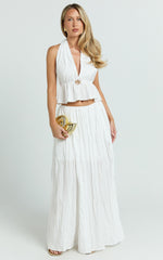 Heidi Top - Deep V Halter Neck Tie Brooch Detail Pleated Peplum Top in White