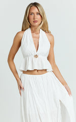Heidi Top - Deep V Halter Neck Tie Brooch Detail Pleated Peplum Top in White