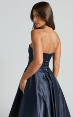 Helaina Midi Dress - Line Satin Dress in Navy