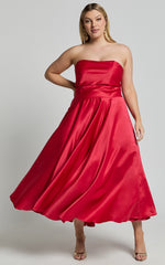 Helaina Midi Dress - Line Satin Dress in Red
