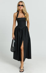 Helda Midi Dress - Halter Tie Neck Corset Panel Dress in Black
