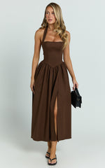 Helda Midi Dress - Halter Tie Neck Corset Panel Dress in Chocolate