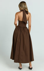Helda Midi Dress - Halter Tie Neck Corset Panel Dress in Chocolate