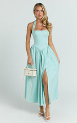 Helda Midi Dress - Halter Tie Neck Corset Panel Dress in Mint
