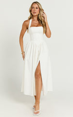 Helda Midi Dress - Halter Tie Neck Corset Panel Dress in Off White
