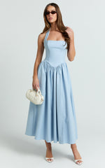 Helda Midi Dress - Halter Tie Neck Corset Panel Dress in Soft Blue