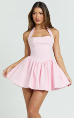 Helda Mini Dress - Halter Tie Neck Corset Panel Dress in Pink