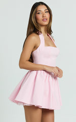 Helda Mini Dress - Halter Tie Neck Corset Panel Dress in Pink