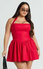 Helda Mini Dress - Halter Tie Neck Corset Panel Dress in Red
