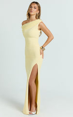 Helen Maxi Dress - One Shoulder Draped Fitted Dress in Lemon
