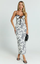 Helen Midi Dress - Strappy Balconette Tie Front Column Dress in Renaissance Floral Print