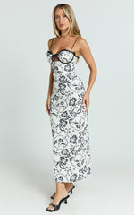 Helen Midi Dress - Strappy Balconette Tie Front Column Dress in Renaissance Floral Print