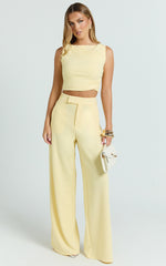 Helen Two Piece Set - Crepe Twisted Top And Wide Leg Pants in Pastel Yellow