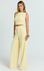 Helen Two Piece Set - Crepe Twisted Top And Wide Leg Pants in Pastel Yellow