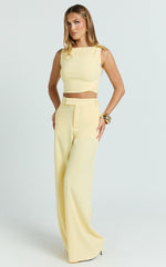 Helen Two Piece Set - Crepe Twisted Top And Wide Leg Pants in Pastel Yellow