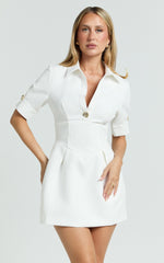 Helena Mini Dress - Packet Front Fitted Bodice Tulip Skirt Shirtdress in White