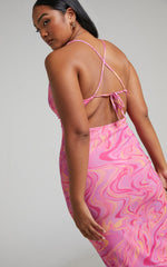 Helga Midi Dress - Cowl Neck Ruched Dress in Pink Swirl