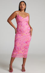 Helga Midi Dress - Cowl Neck Ruched Dress in Pink Swirl