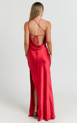 Helga Maxi Dress - Satin One Shoulder Cowl Back Bias Cut Dress in Red