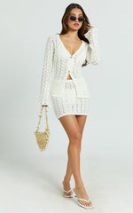 Henrietta Top - Long Sleeve Button Front V Neck Knit Top in Off White