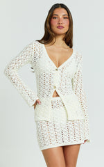 Henrietta Top - Long Sleeve Button Front V Neck Knit Top in Off White