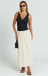 Hermi Midi Dress - Ribbed Bodice V Neck Dress in Cream