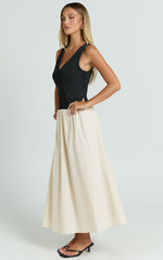 Hermi Midi Dress - Ribbed Bodice V Neck Dress in Cream