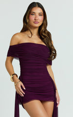 Hermie Mini Dress - Off Shoulder Ruched Mesh Draped Dress in Wine