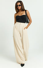 Hermione Linen Blend Pants - High Waist Wide Leg Pleated Palazzo Pants in Natural