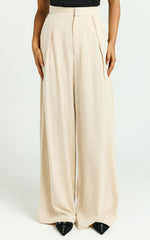 Hermione Linen Blend Pants - High Waist Wide Leg Pleated Palazzo Pants in Natural