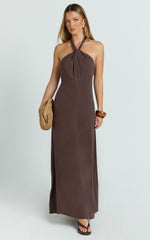 Hilda Maxi Dress - Knot Detail Halter Neck Maxi Dress in Chocolate
