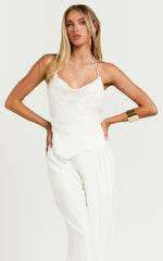 Hilda Top - Cowl Neck Beaded Linen Look Scarf Top in White
