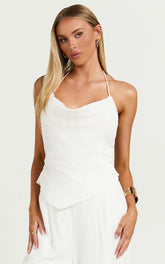 Hilda Top - Cowl Neck Beaded Linen Look Scarf Top in White