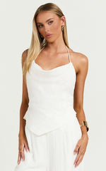 Hilda Top - Cowl Neck Beaded Linen Look Scarf Top in White