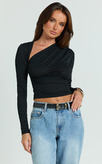 Hillary Top - Asymmetric Ruched Side Jersey Top in Black