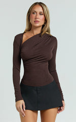 Hillary Top - Asymmetric Ruched Side Jersey Top in Chocolate Brown