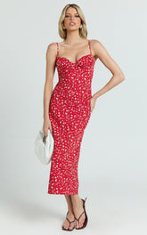 Hilton Midi Dress - Ruched Bust Slip Dress in Red Floral