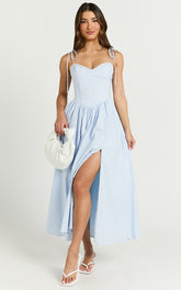 Holly Midi Dress - Corset Lace Up Dress with Split in Soft Blue