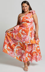 Honolulu Midi Dress - One Shoulder Tiered Dress in Orange Floral