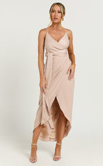 How Will I Know Midi Dress - Wrap Waist Tie Tulip Hem Dress in Champagne