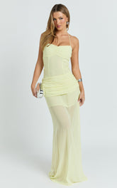 Hudgens Maxi Dress - Georgette Halter Draped Skirt Dress in Lemon