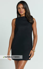 Hughes Mini Dress - Linen Look A Line Shift Dress in Black