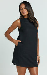 Hughes Mini Dress - Linen Look A Line Shift Dress in Black